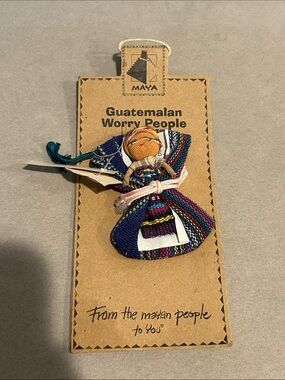 Maya Handcrafted Worry Doll with Blue, Purple, Teal, Pink & Yellow Dress